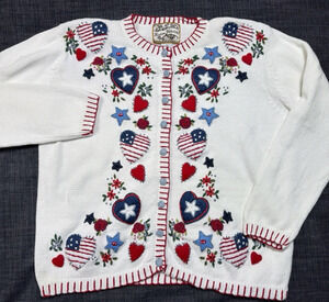 Vtg Heirloom Collectibles Patriotic Knit Cardigan Americana Grandmacore Sz Med